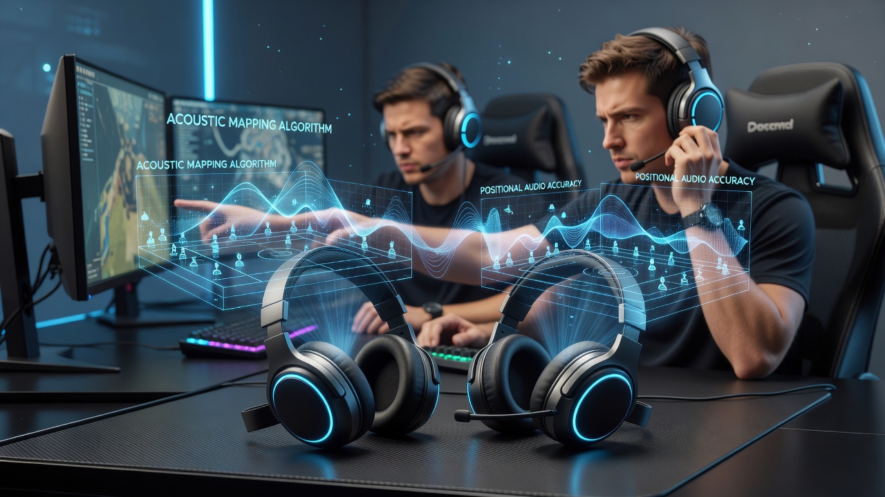 Wireless tournament headsets equipped with advanced acoustic mapping technology during a competitive esports event