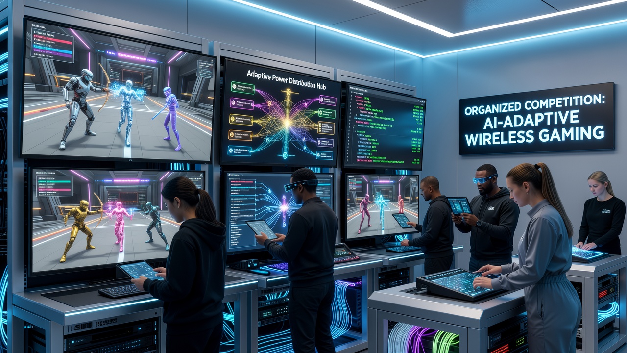 Wireless gaming setup showing adaptive power management hardware integrated with AI character processing modules during a tournament session