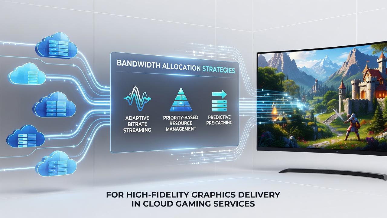 Network monitoring dashboard displaying real-time bandwidth allocation metrics for cloud gaming graphics delivery