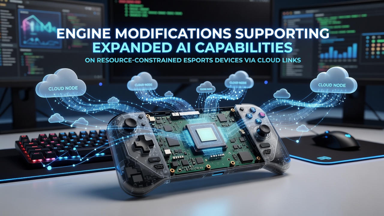 Esports device connected to cloud servers displaying AI-enhanced gameplay elements on a portable tournament setup