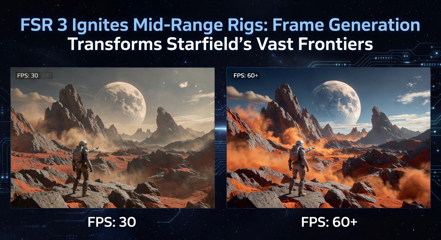 Screenshot of Starfield running smoothly with FSR 3 frame generation enabled on a mid-range PC, showing vast planetary landscapes at high frame rates