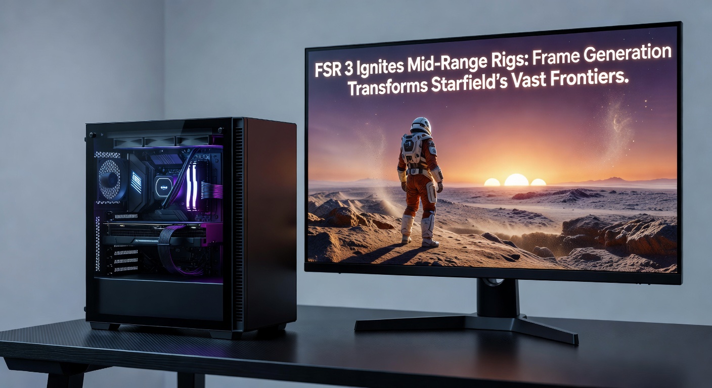 Benchmark chart comparing FPS in Starfield with and without FSR 3 on mid-range GPUs like RX 6700 XT and RTX 3060, highlighting dramatic performance uplifts