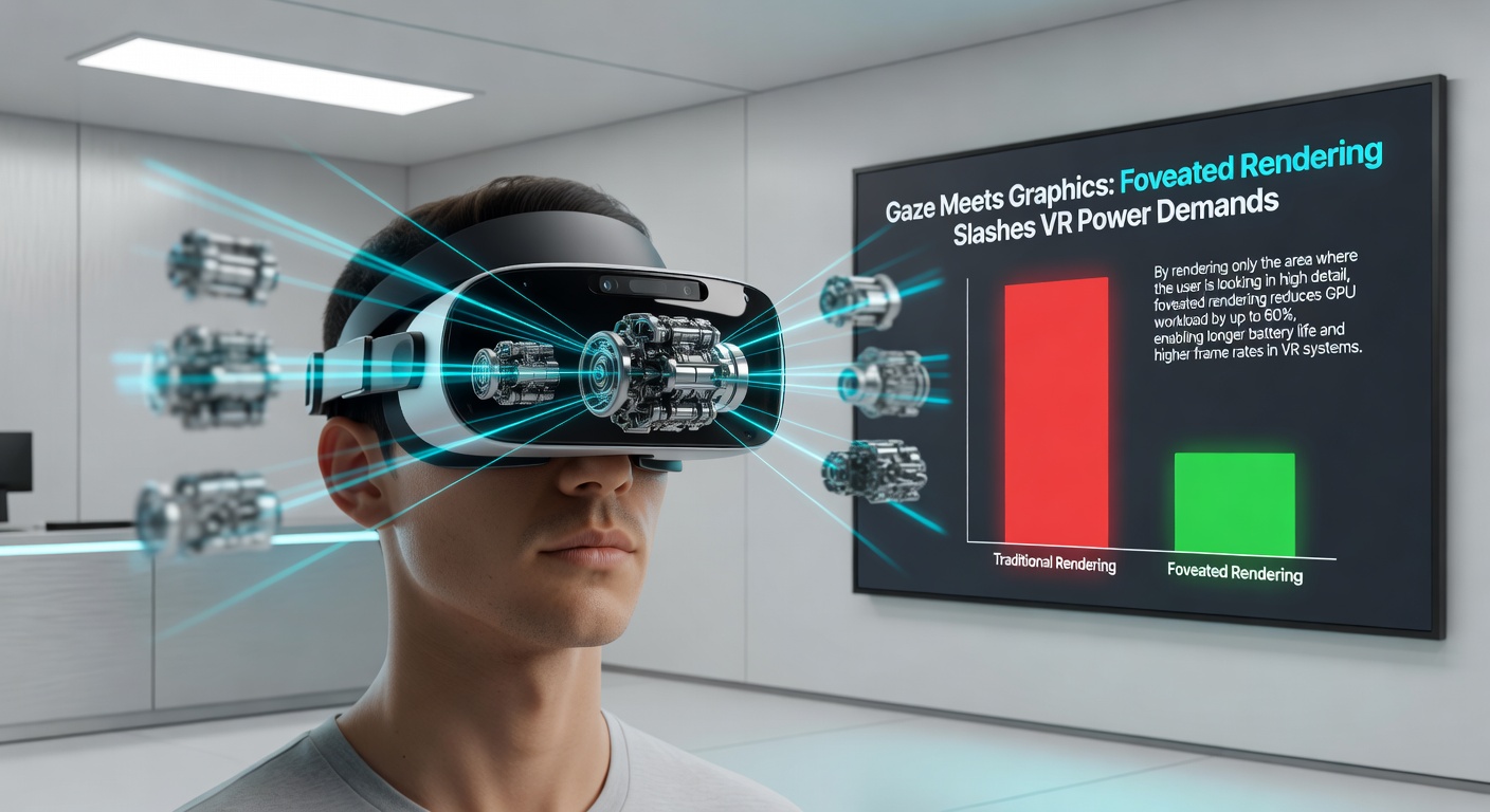 Graphs comparing GPU power usage and frame rates in VR scenarios, with foveated rendering lines dropping dramatically below standard uniform rendering curves