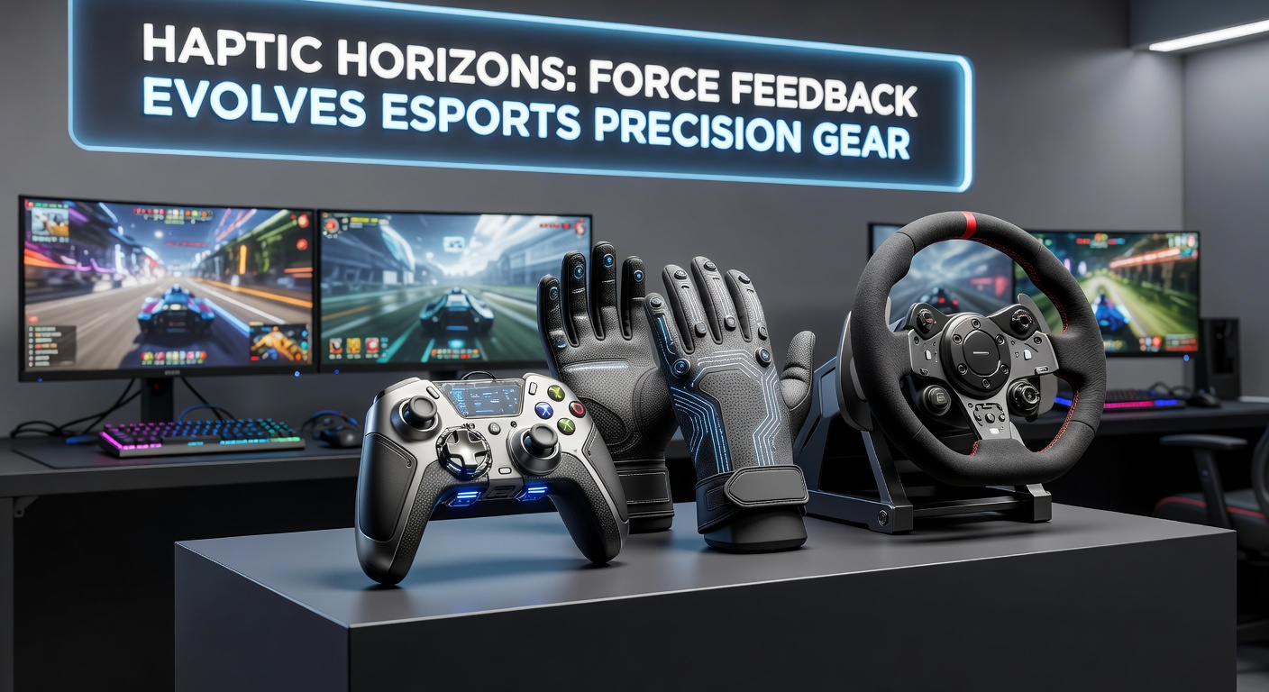 Close-up of advanced haptic actuators in an esports racing wheel, showing layered motors and sensors under tension during simulation