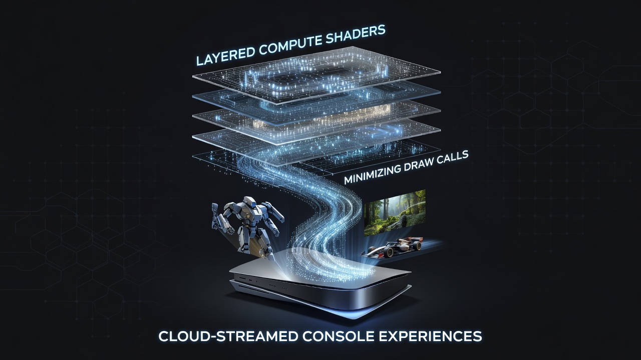 Diagram showing layered compute shader pipeline reducing draw call overhead in cloud gaming architecture