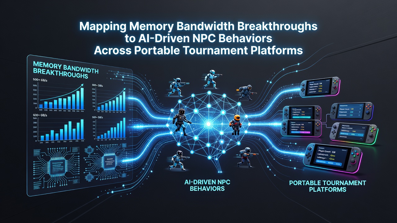Diagram showing memory bandwidth pathways feeding into AI models for NPC decision-making on handheld tournament devices