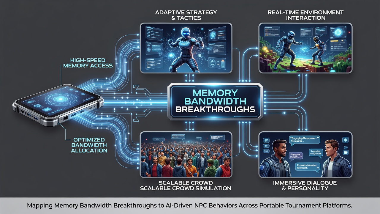 Portable tournament device displaying real-time NPC behavior adjustments during a competitive match