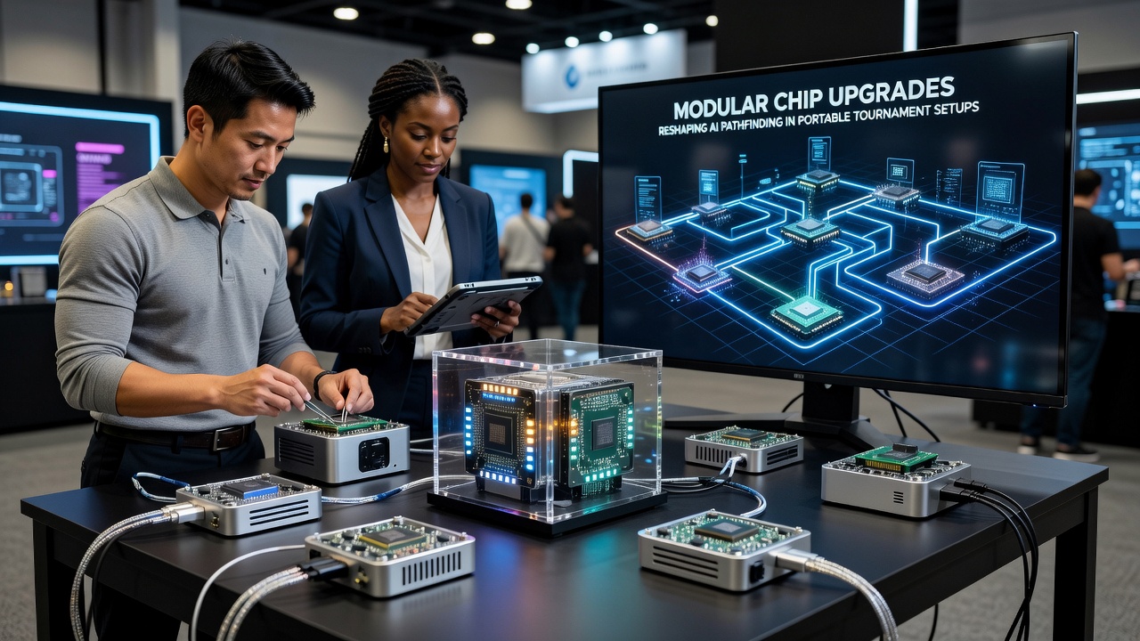 Modular chip upgrades integrated into portable gaming hardware for enhanced AI pathfinding during tournament play