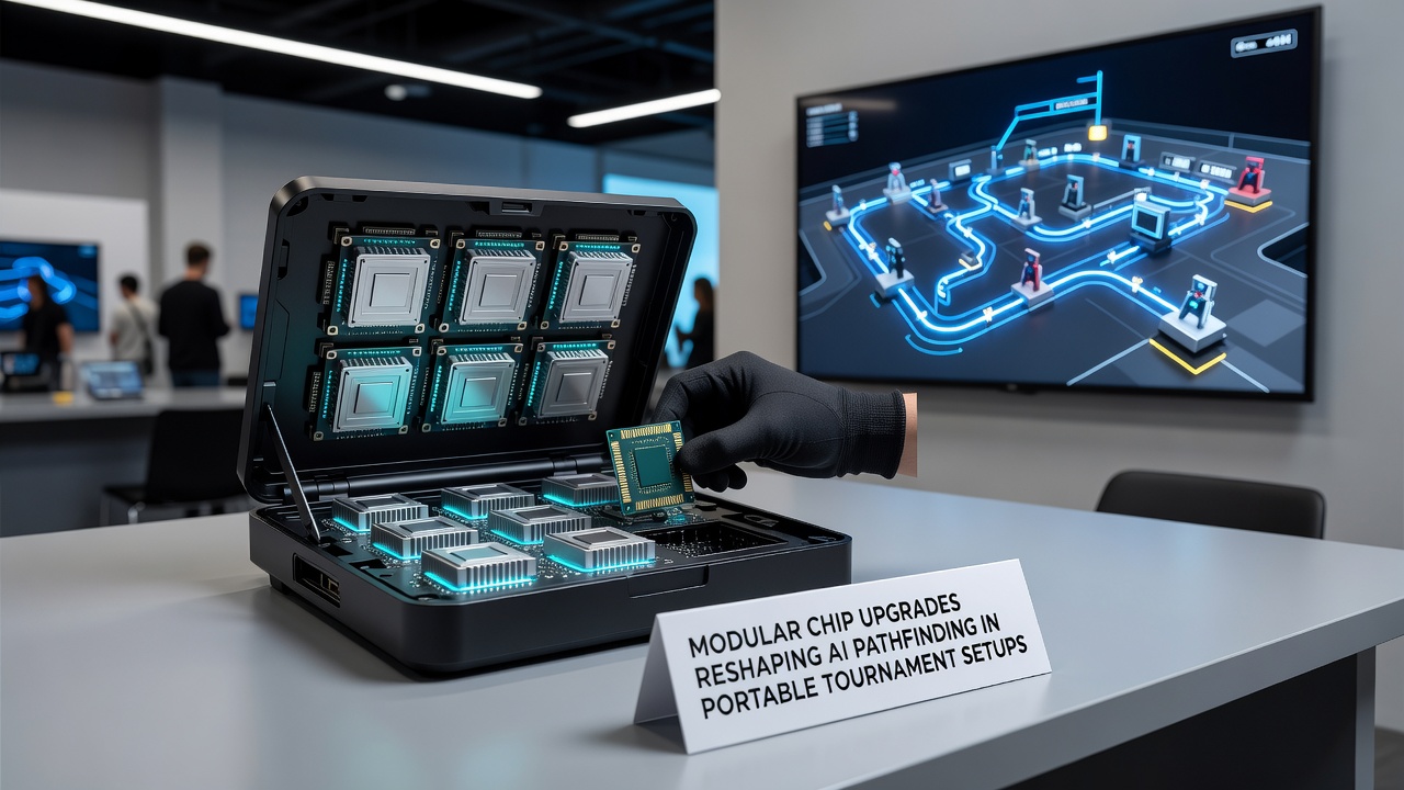 Technicians installing modular AI accelerator chips into portable tournament consoles ahead of competition