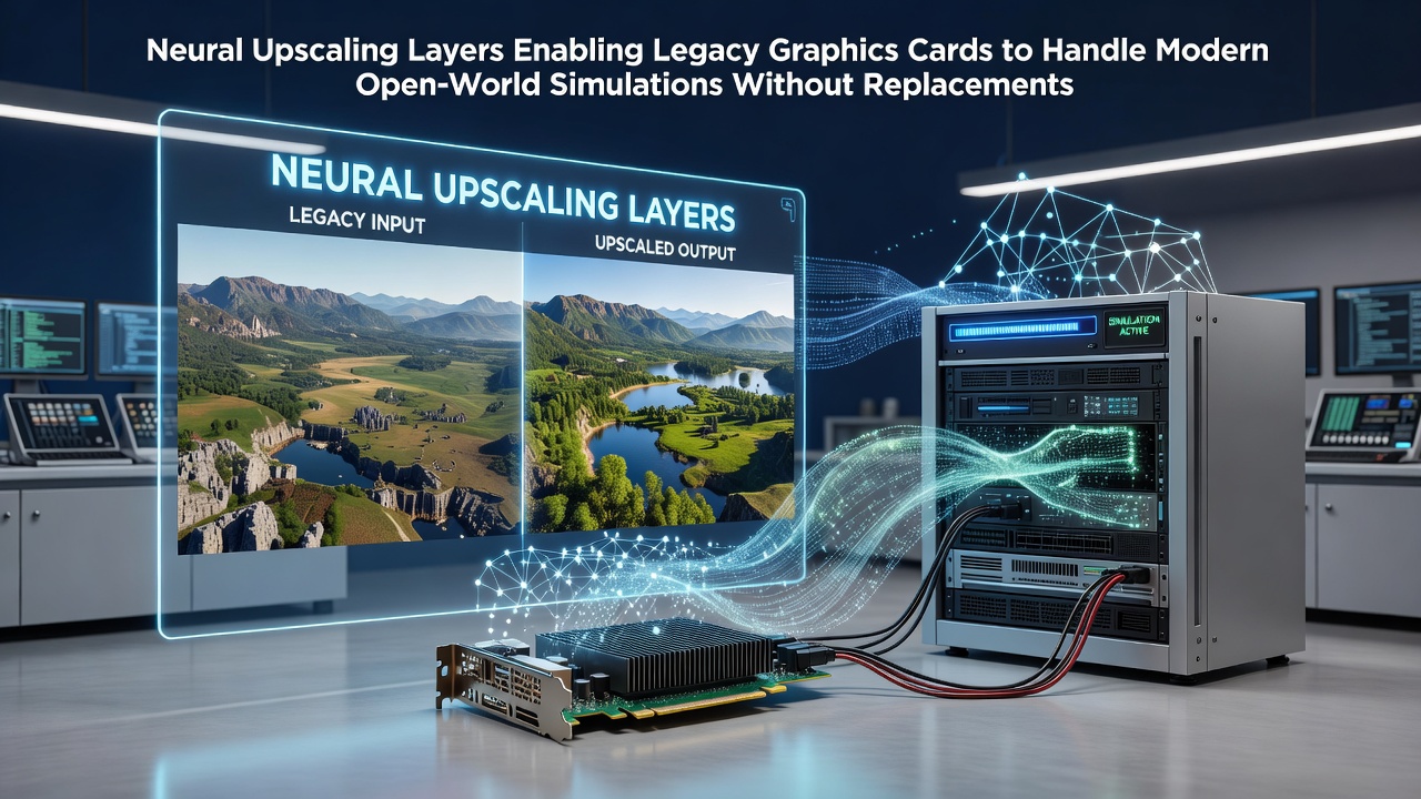 Legacy graphics card running neural upscaling layers on an open-world simulation interface
