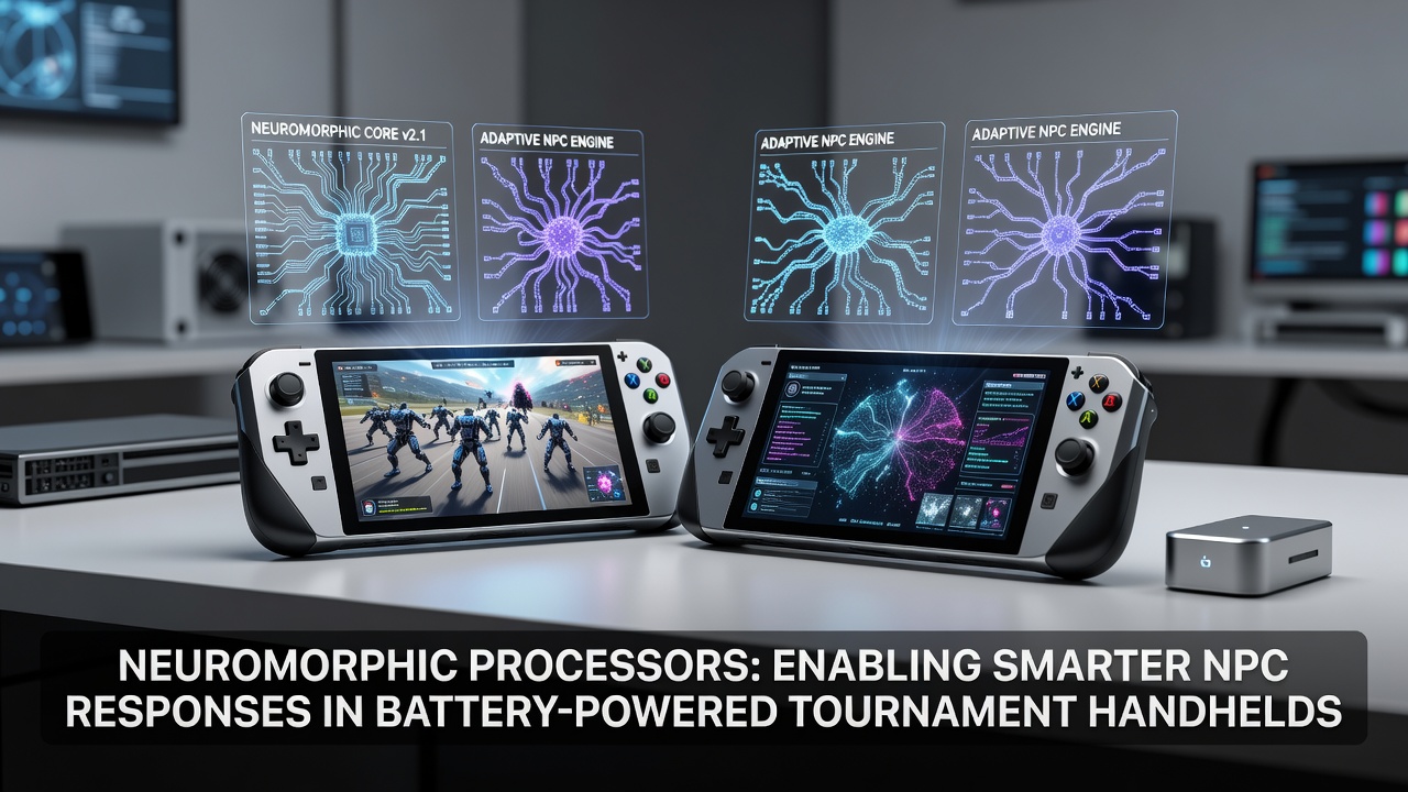 Neuromorphic processor chip integrated into a portable tournament handheld device displaying dynamic NPC interactions on screen