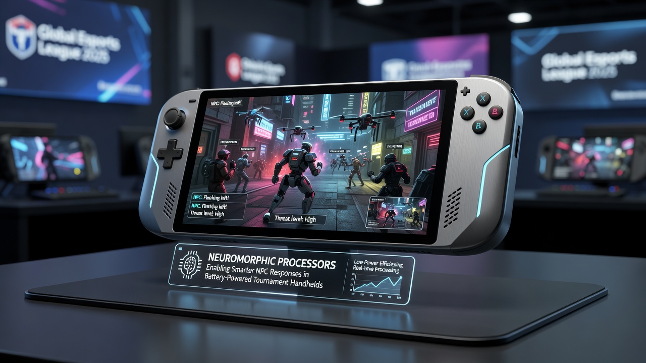 Close-up view of handheld screen showing adaptive NPC dialogue trees powered by on-device neuromorphic computation during a live match