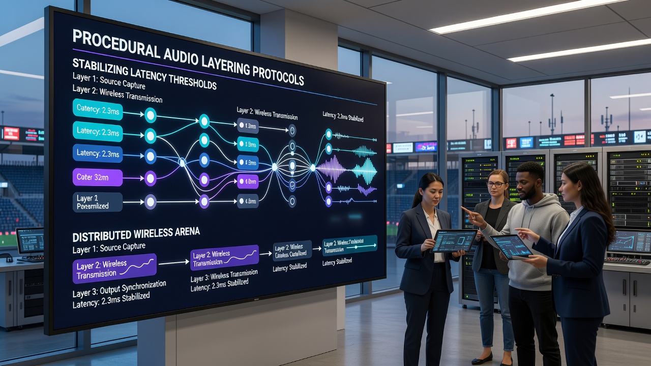 Wireless arena competition floor with distributed audio nodes and latency monitoring displays