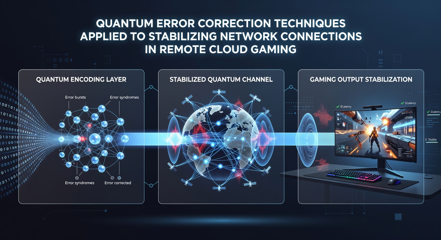Network topology diagram showing stabilizer measurements correcting errors across cloud gaming server clusters and client connections