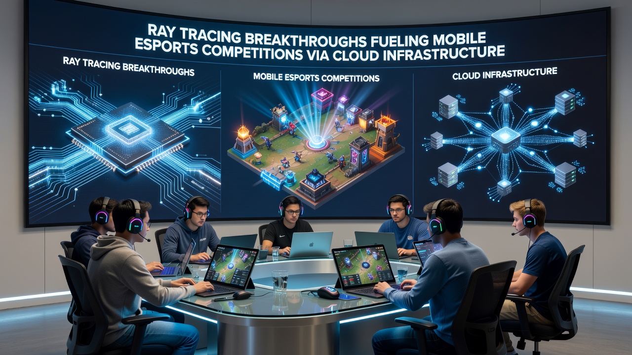Mobile esports players competing in a cloud-streamed ray-traced environment with real-time global illumination effects visible on screens