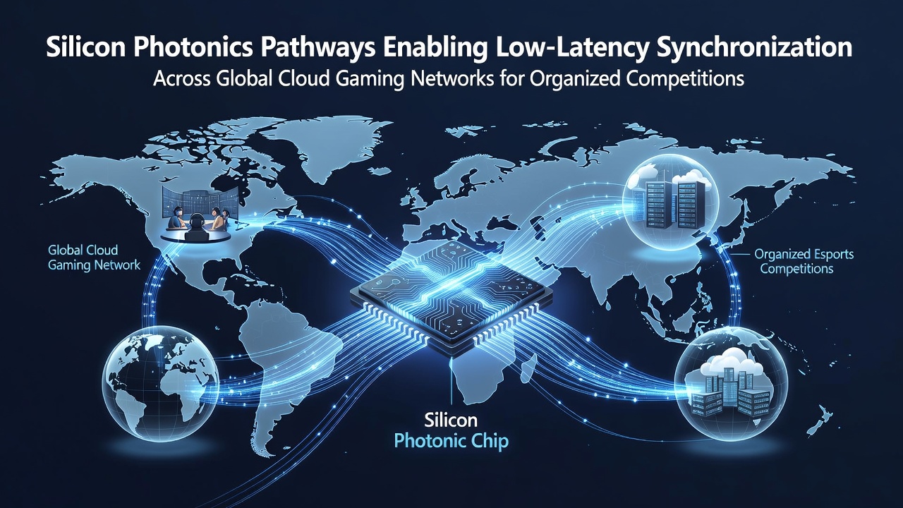 Diagram showing silicon photonics integration in cloud gaming data centers with light-based data pathways connecting global tournament servers