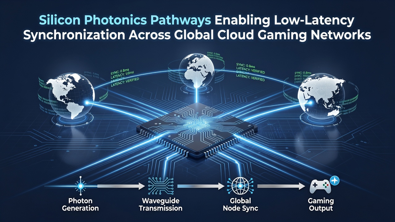 Close-up of silicon photonics chip with optical interconnects routing data between tournament cloud nodes