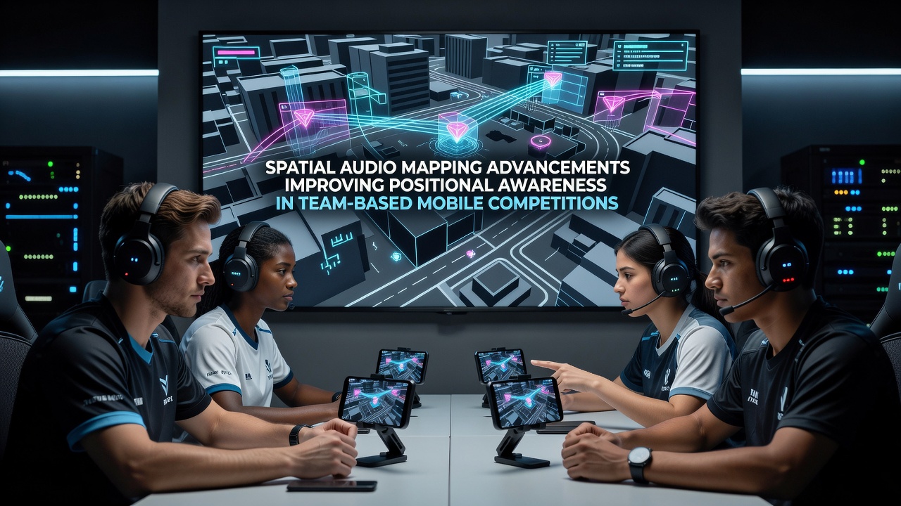 Mobile esports players utilizing spatial audio headsets during a team competition event