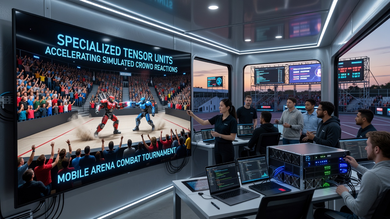 Close-up of tensor unit architecture diagram overlaid on mobile arena crowd simulation output