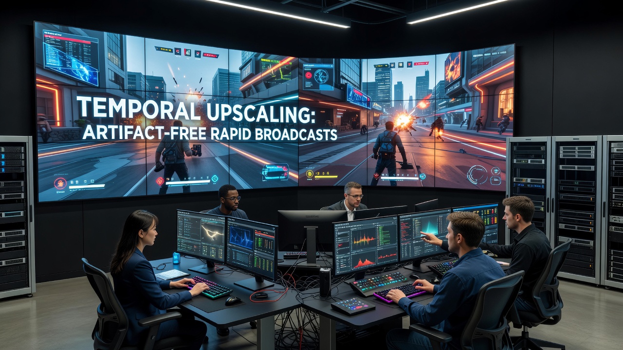 Broadcast technician monitoring temporal upscaling output on console tournament feed