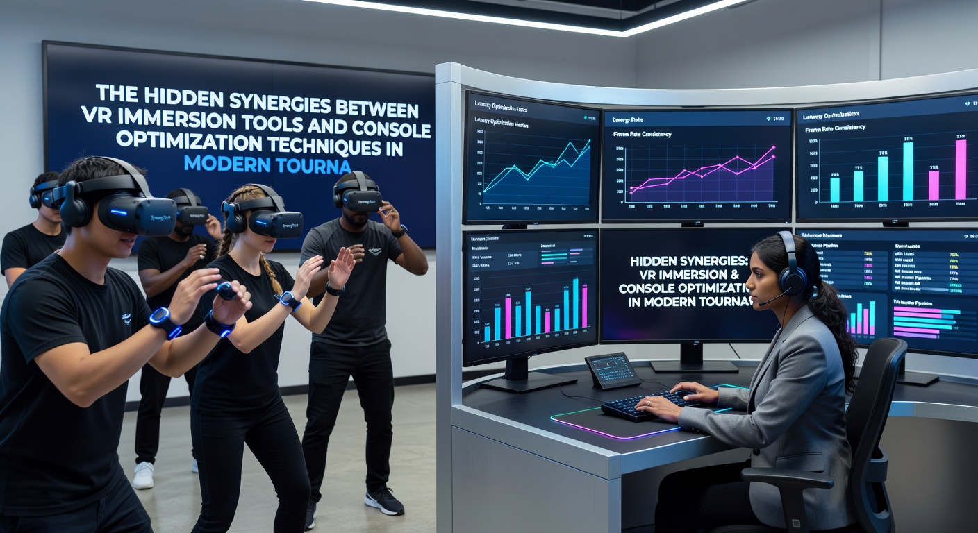 Close-up of console hardware running optimization software alongside VR immersion peripherals in a tournament arena