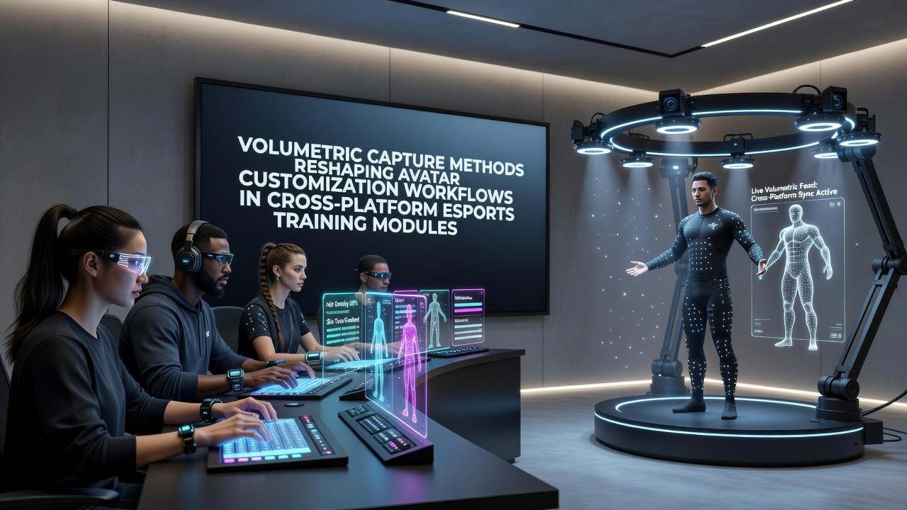 Volumetric capture studio setup with multiple cameras recording an athlete for 3D avatar creation in esports training