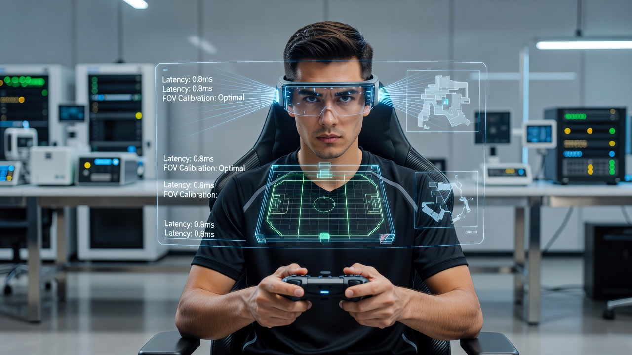 AR headset displaying sharp esports training overlays through advanced waveguide optics
